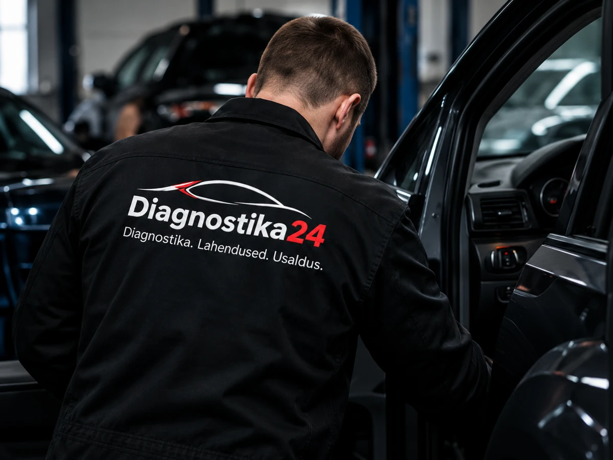 Illustratiivne pilt tehnikust auto elektrisüsteemi kontrollimas